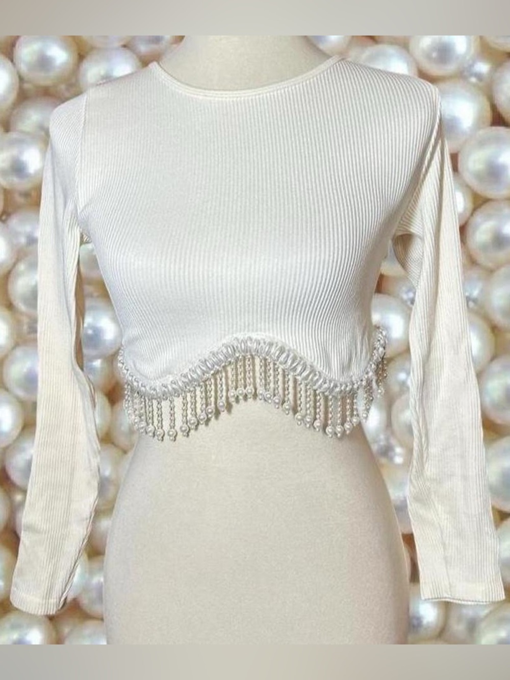 Zara Cream Ribbed Long-Sleeve Crop Top with Pearl Fringe